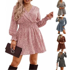 Color options for long sleeve V-neck floral print dress with smocked waist