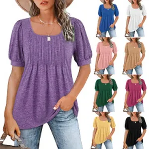Women's casual square neck pleated top available in multiple colors including purple and blue