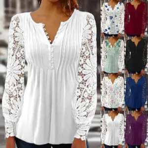 Women's bohemian V-neck blouse with lace lantern sleeves shown in multiple colors