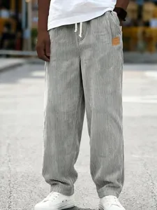 Pantalon en velours côtelé pour hommes, coupe droite ample avec cordon de serrage blanc