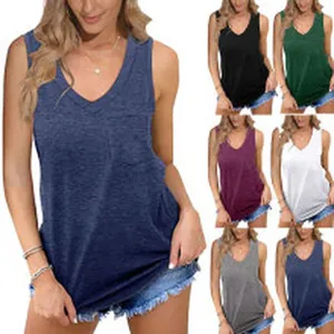 Women's casual sleeveless V-neck tank top with chest pocket available in various colors
