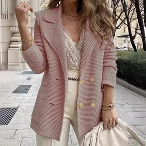 Eleganter rosa strukturierter zweireihiger Langarm-Blazer für modische Damenbekleidung