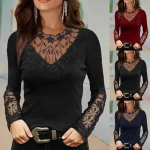 Sexy Slim Fit Damen Langarmshirt mit V-Ausschnitt und Spitze, in vielen Farben