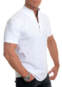 Close-up of lightweight white men's short sleeve leisure shirt with mandarin collar