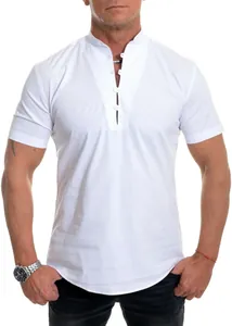 Close-up of men's white short-sleeved Henley shirt with buttoned stand collar detail