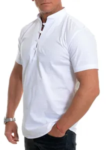 Close-up view of a white short-sleeved casual shirt featuring a stand collar on a model