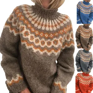 Suéter de Punto Jacquard Vintage para Mujer Cuello Alto Manga Larga Jersey Poliéster Lana Patrón Geométrico Otoño Invierno Casual Top