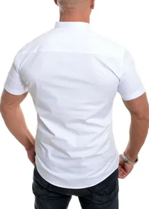 Professional back view detail of a men's lightweight white short-sleeved casual shirt