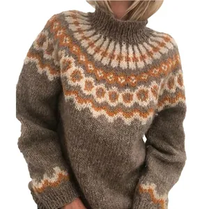 Cozy women's vintage jacquard turtleneck knit sweater with brown and orange patterns