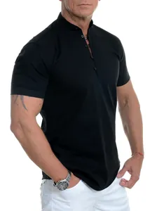 Macro view of men's slim-fit Henley collar black shirt with button detail.