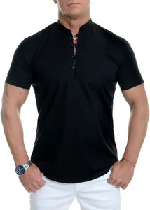 Close-up detail of black men's short sleeve casual shirt with stand collar and buttons