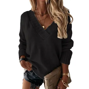 Chic black oversized V-neck long sleeve knit sweater for women, fall winter fashion
