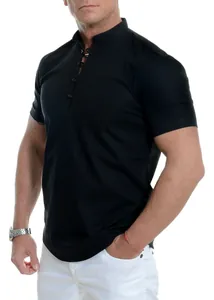 Detail of a men's slim fit black short-sleeved casual shirt with henley collar