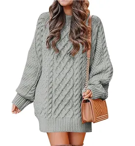 Vestido de suéter de punto de ochos gris extragrande con cuello redondo clásico