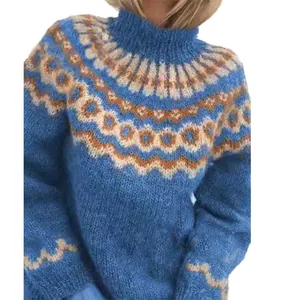 Detailed macro view showing the thick Nordic jacquard knit pattern on a blue high neck sweater