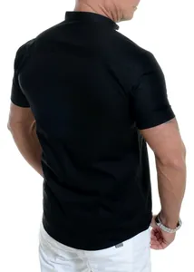 Back view of a men's slim fit black short sleeve casual shirt in premium fabric