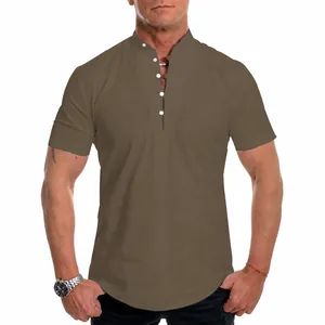 Detail view of khaki casual short-sleeved shirt with stand collar and button front