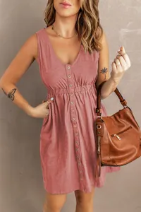 Detailed view of pink sleeveless button-front summer dress with elastic waist and V-neck