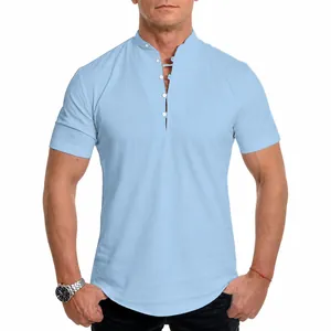 Detailed view of men's light blue short sleeve shirt with Mandarin collar