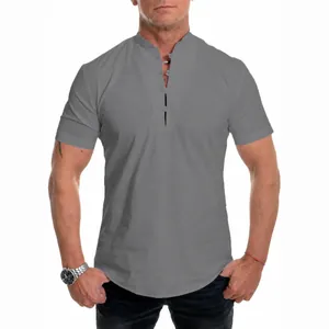 Close-up of grey short-sleeved slim fit Henley shirt for men with stand collar