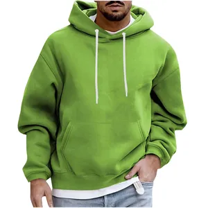 Bright lime green men's loose hooded sweatshirt with kangaroo pocket and drawstring