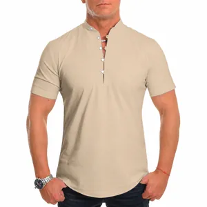 Close-up of men's beige lightweight linen shirt with mandarin collar and button detail