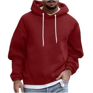 Burgundy casual loose-fit men's hoodie with white drawstring and pocket detail