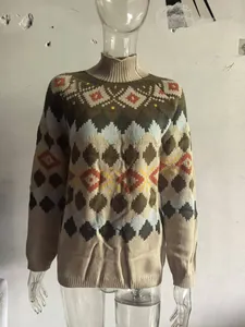 Detail of women's turtleneck knitted sweater with a vintage diamond jacquard pattern