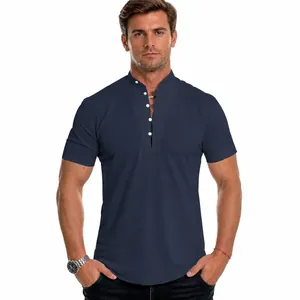 Close-up of men's casual short sleeve shirt in dark blue with stand collar and buttons