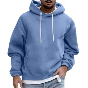 Close-up of a stylish blue men's casual hoodie featuring a front kangaroo pocket