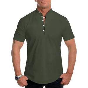 Detail view of olive green short sleeve mandarin collar casual shirt for men