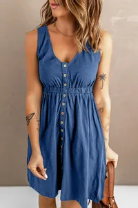 Close-up of blue V-neck sleeveless dress with button-down front and elastic waist