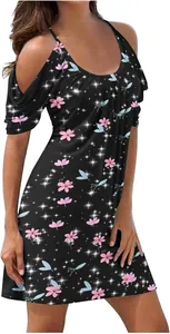 Fashionable floral print cold-shoulder summer beach dress for women's casual wear