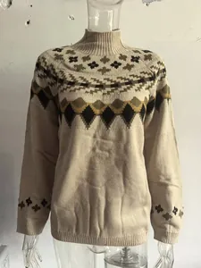 Detailed view of women's high neck pullover sweater with ethnic geometric jacquard