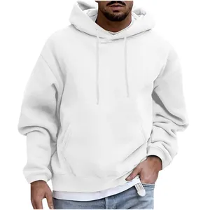 Close-up of a premium white loose-fit men's hoodie featuring a front pocket detail