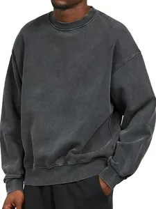 Close-up of heavyweight acid wash sweatshirt with drop shoulder design in charcoal grey.