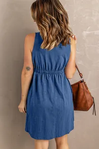 Back view of a blue sleeveless mini summer dress featuring an elastic waist-cinch detail.
