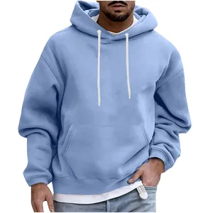 Detail view of a light blue men's loose casual hoodie featuring white drawstrings and pocket