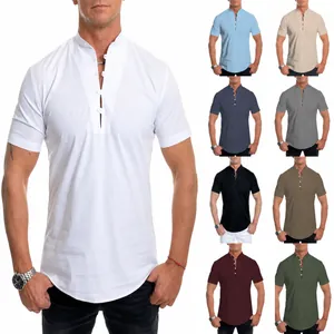 Lightweight men's casual short-sleeve Henley shirt in white with multiple color variants