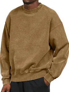 Detail view of heavyweight acid wash crewneck sweatshirt with drop shoulder and ribbed cuffs