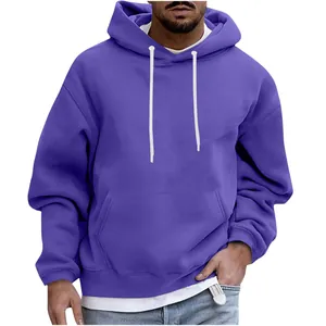 Comfortable oversized purple hoodie for men featuring white drawstrings and kangaroo pocket
