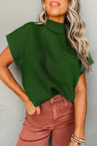 Close-up detail of a dark green ribbed knit sweater vest with a mock neck and chest pocket