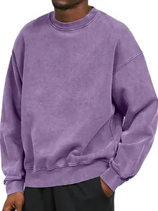 Detailed view of a purple acid-washed heavyweight men's sweatshirt with drop shoulders