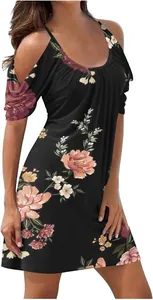 Detailed view of women's black floral print cold-shoulder dress for casual beach vacations