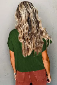Back view of a casual green short-sleeved knitted sweater vest with batwing sleeves