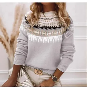 Elegant grey high-neck knit sweater with vintage geometric jacquard pattern for women