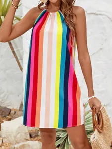Vibrant multi-color vertical striped halter neck mini dress for summer beach vacation