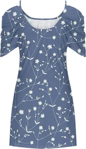 Detailed view of blue floral print summer swing dress featuring short puff sleeves