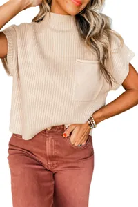 Close-up detail of beige mock neck knit sweater vest featuring a functional chest pocket