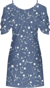 Detailed view of a blue summer swing dress with delicate white floral prints